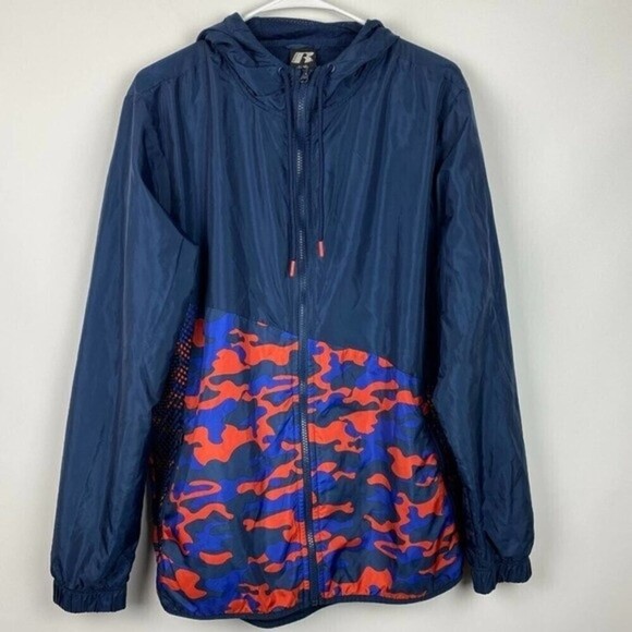 Rusell Windbreaker Mens Jacket Small Blue Camouflage Full Zip Up Lightweight - Picture 2 of 10